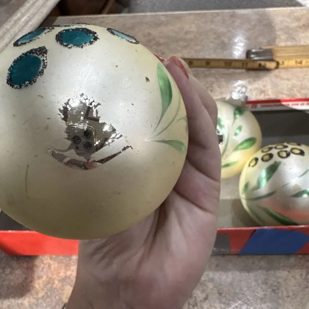 5 Vintage Christmas Ornaments Painted Floral Design Jumbo Balls West Germany